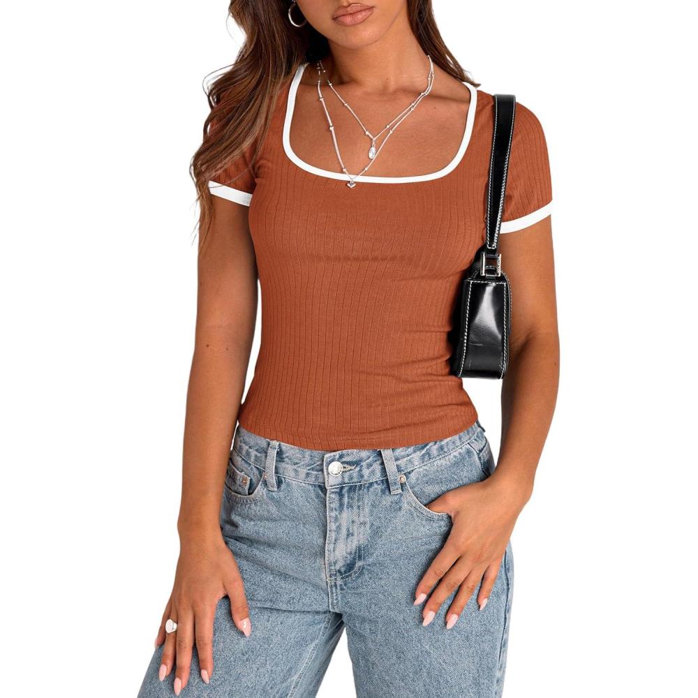 imagePRETTYGARDEN Womens 2026 Summer Short Sleeve Ribbed Knit T Shirts Square Neck Color Block Slim Fit Basic Tees Going Out TopsRust Red