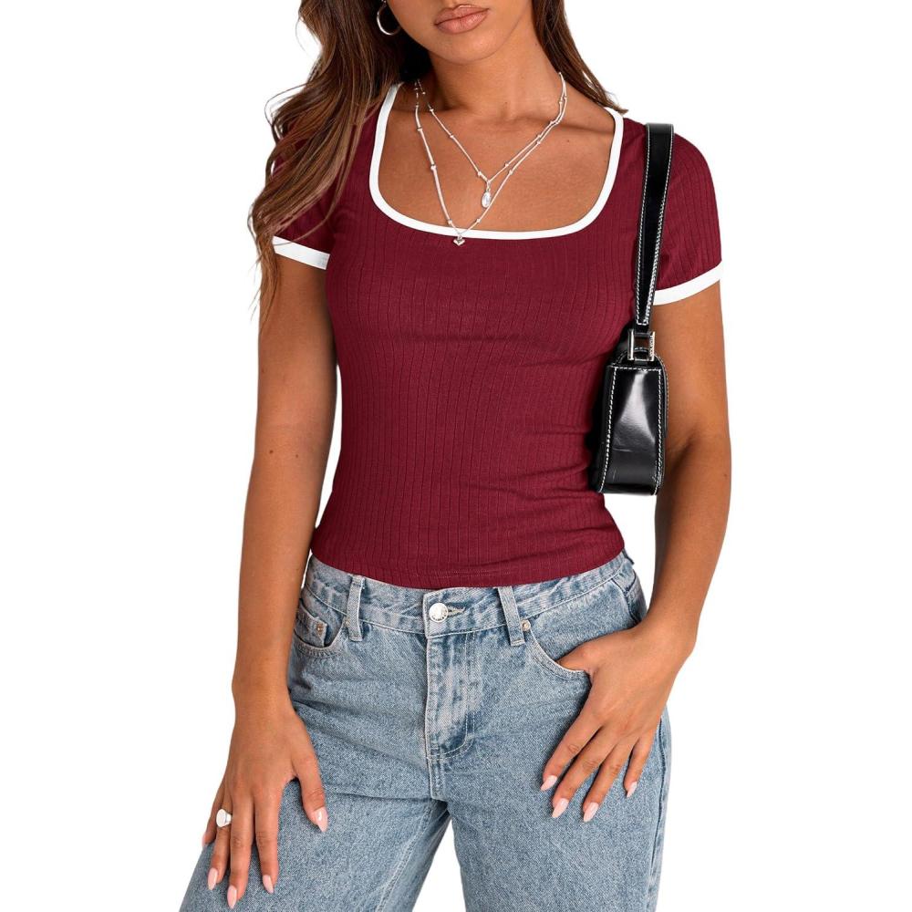 imagePRETTYGARDEN Womens 2026 Summer Short Sleeve Ribbed Knit T Shirts Square Neck Color Block Slim Fit Basic Tees Going Out TopsWine Red