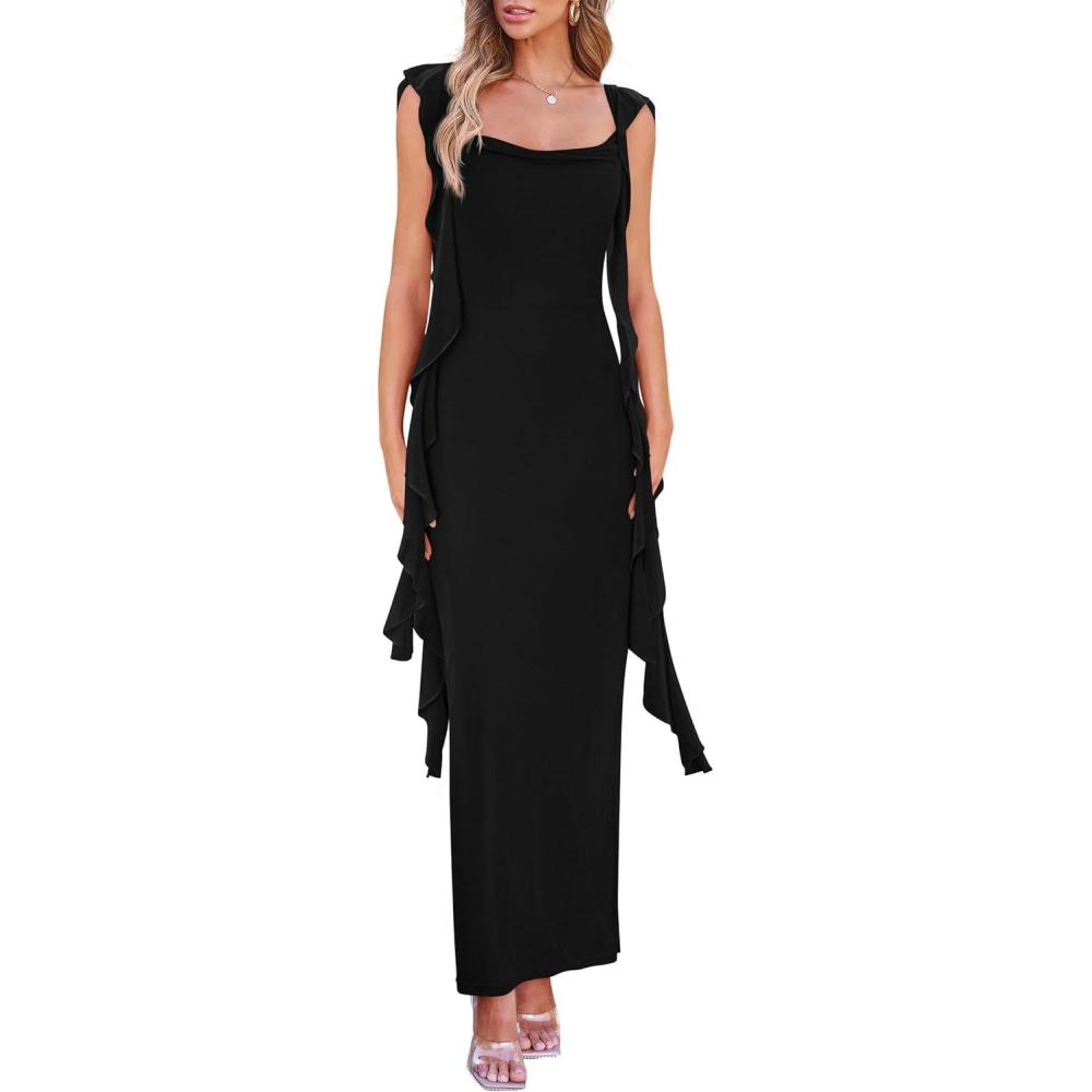 imagePRETTYGARDEN Womens 2026 Summer Wedding Guest Dress Sleeveless Ruffle Formal Cocktail Party Maxi Bodycon DressesBlack