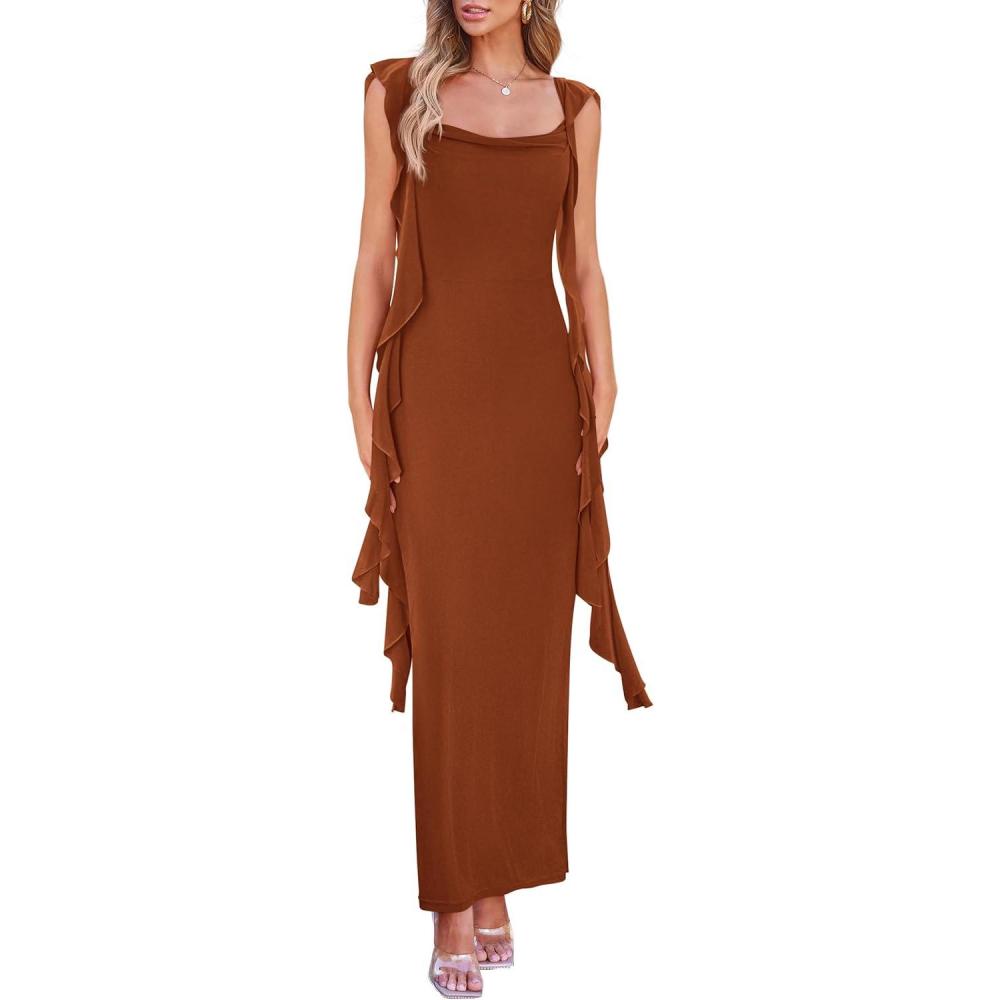 imagePRETTYGARDEN Womens 2026 Summer Wedding Guest Dress Sleeveless Ruffle Formal Cocktail Party Maxi Bodycon DressesCaramel