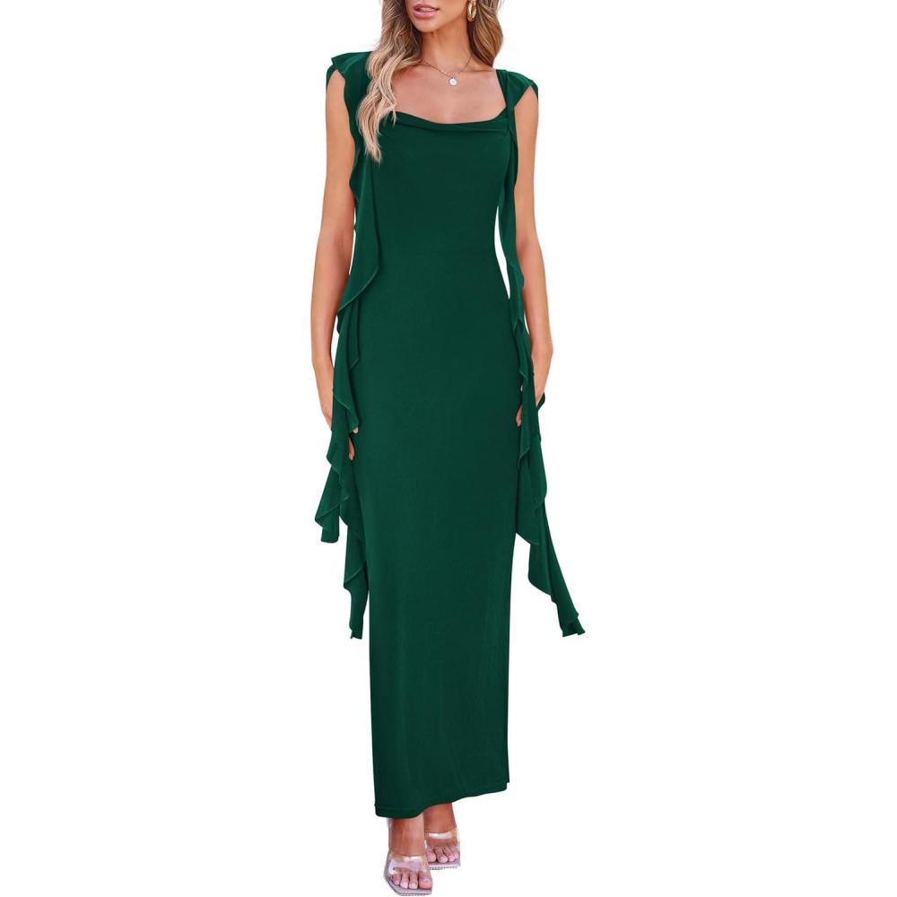 imagePRETTYGARDEN Womens 2026 Summer Wedding Guest Dress Sleeveless Ruffle Formal Cocktail Party Maxi Bodycon DressesDark Green