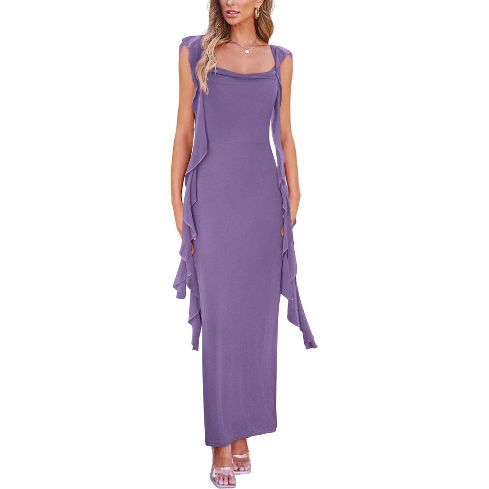 imagePRETTYGARDEN Womens 2026 Summer Wedding Guest Dress Sleeveless Ruffle Formal Cocktail Party Maxi Bodycon DressesDusty Violet