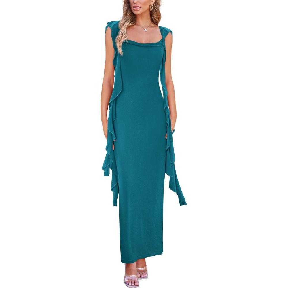 imagePRETTYGARDEN Womens 2026 Summer Wedding Guest Dress Sleeveless Ruffle Formal Cocktail Party Maxi Bodycon DressesLake Blue
