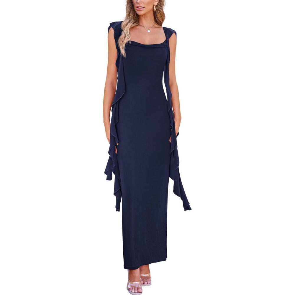 imagePRETTYGARDEN Womens 2026 Summer Wedding Guest Dress Sleeveless Ruffle Formal Cocktail Party Maxi Bodycon DressesNavy
