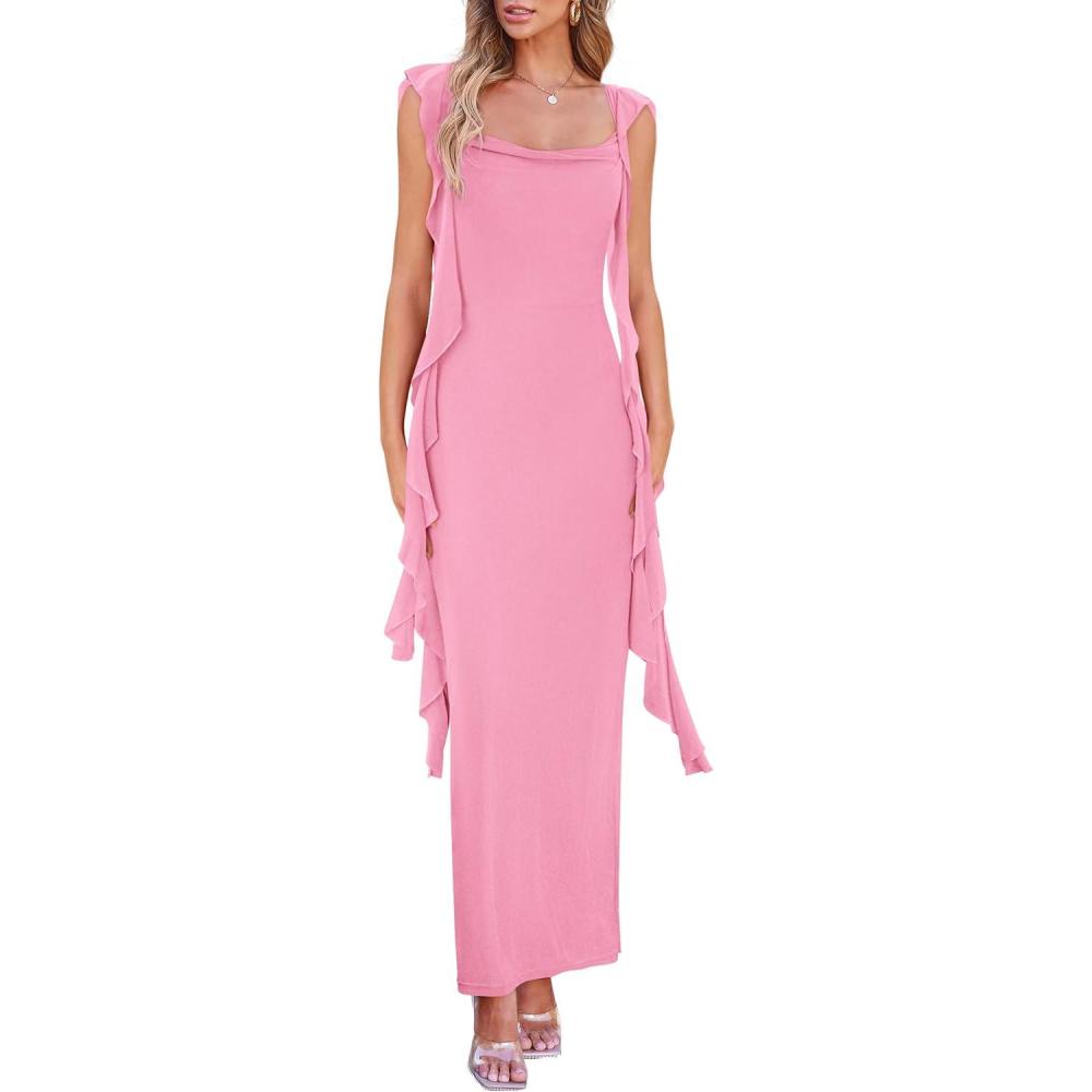 imagePRETTYGARDEN Womens 2026 Summer Wedding Guest Dress Sleeveless Ruffle Formal Cocktail Party Maxi Bodycon DressesPink