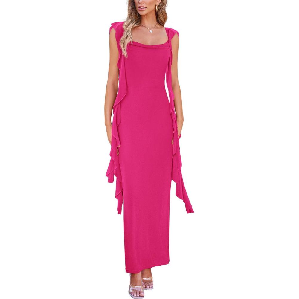 imagePRETTYGARDEN Womens 2026 Summer Wedding Guest Dress Sleeveless Ruffle Formal Cocktail Party Maxi Bodycon DressesRose Red