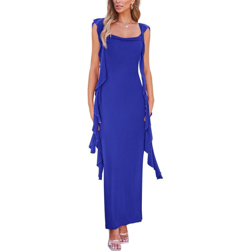 imagePRETTYGARDEN Womens 2026 Summer Wedding Guest Dress Sleeveless Ruffle Formal Cocktail Party Maxi Bodycon DressesRoyal Blue