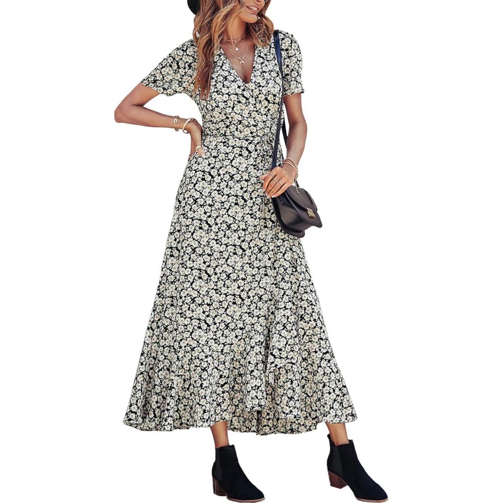 imagePRETTYGARDEN Womens Boho Floral Maxi Dress Summer Short Sleeve Wrap V Neck Long Flowy Beach Vacation Wedding Guest DressesBlack White Floral