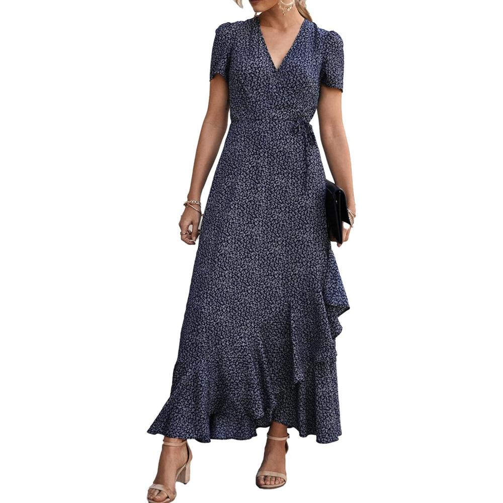 imagePRETTYGARDEN Womens Boho Floral Maxi Dress Summer Short Sleeve Wrap V Neck Long Flowy Beach Vacation Wedding Guest DressesBlueWhite