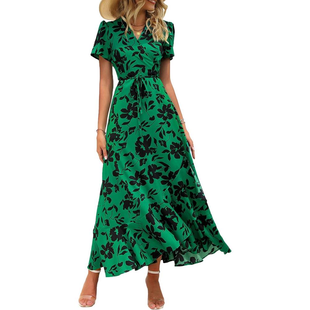 imagePRETTYGARDEN Womens Boho Floral Maxi Dress Summer Short Sleeve Wrap V Neck Long Flowy Beach Vacation Wedding Guest DressesGreen Floral
