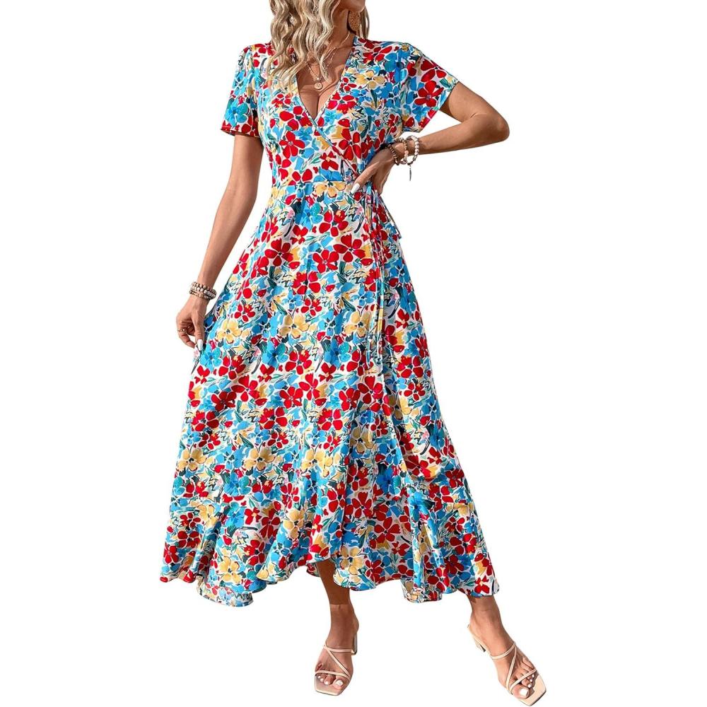 imagePRETTYGARDEN Womens Boho Floral Maxi Dress Summer Short Sleeve Wrap V Neck Long Flowy Beach Vacation Wedding Guest DressesRed Blue Floral