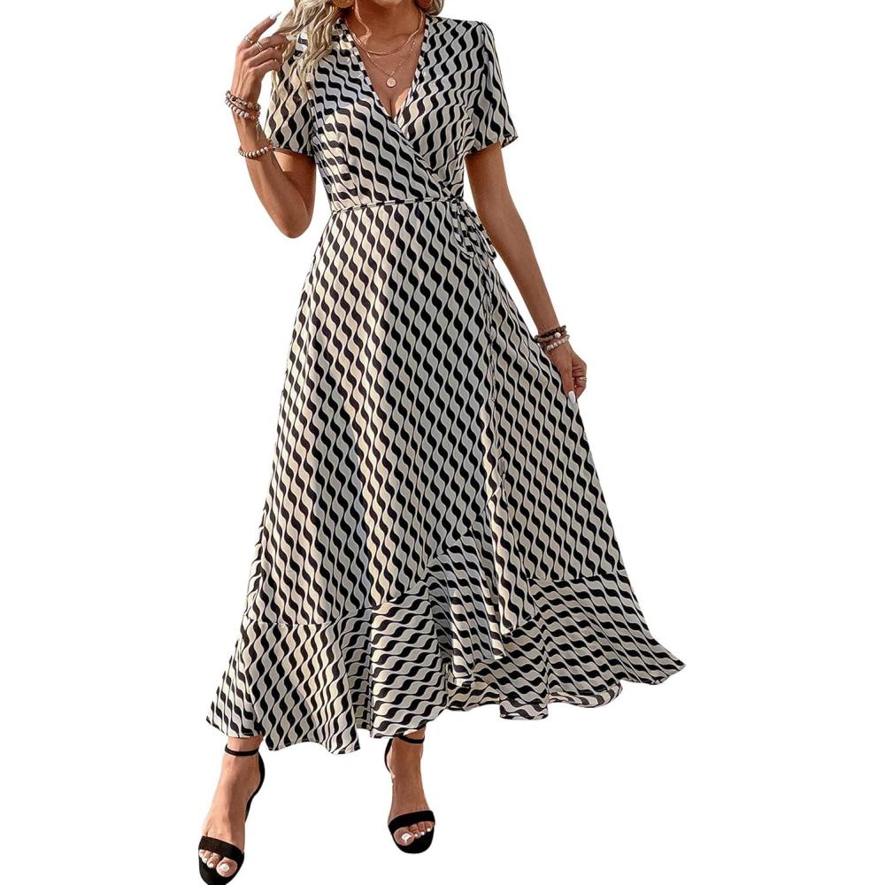 imagePRETTYGARDEN Womens Boho Floral Maxi Dress Summer Short Sleeve Wrap V Neck Long Flowy Beach Vacation Wedding Guest DressesWhite Wave