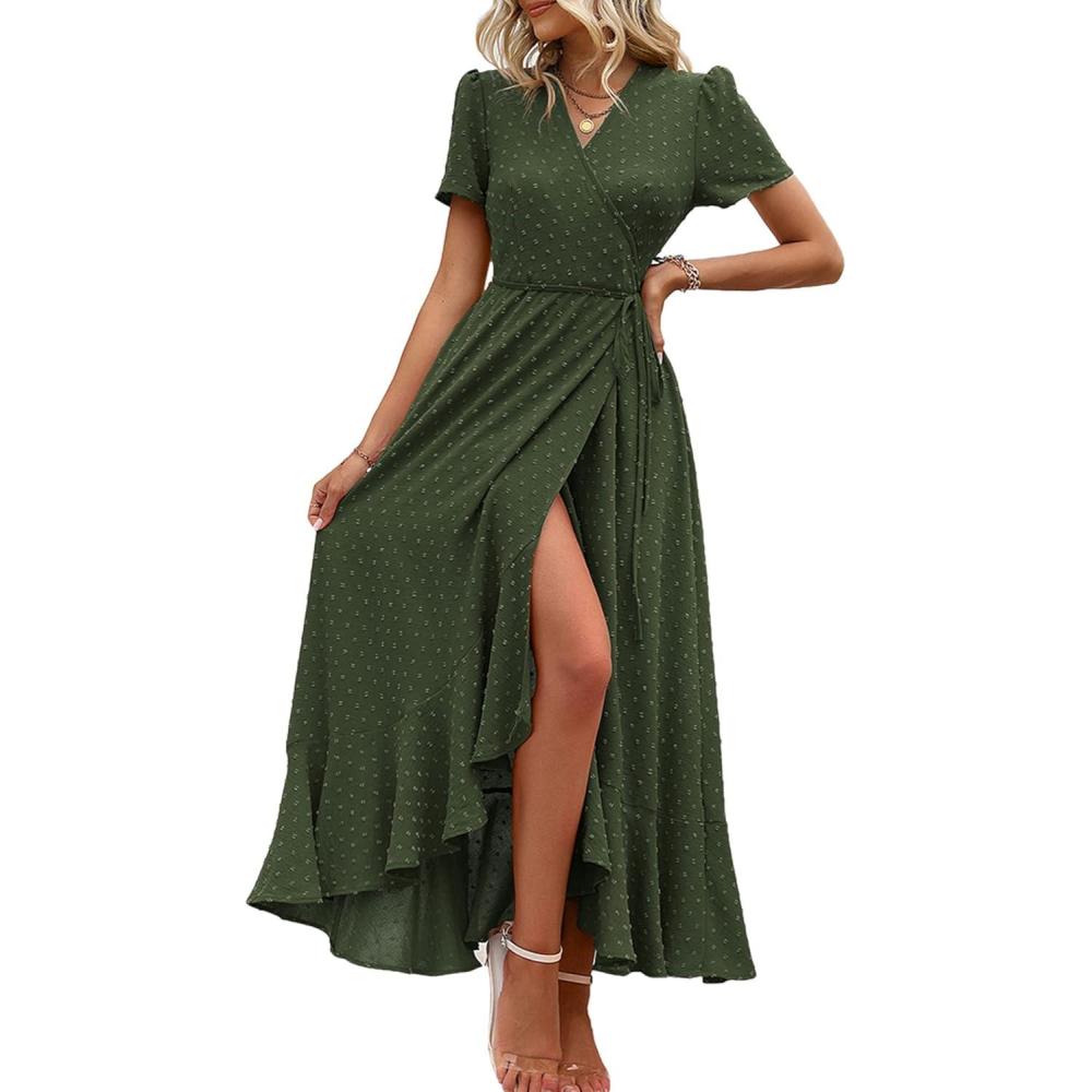 imagePRETTYGARDEN Womens Boho Floral Maxi Dress Summer Short Sleeve Wrap V Neck Long Flowy Beach Vacation Wedding Guest DressesZarmy Green