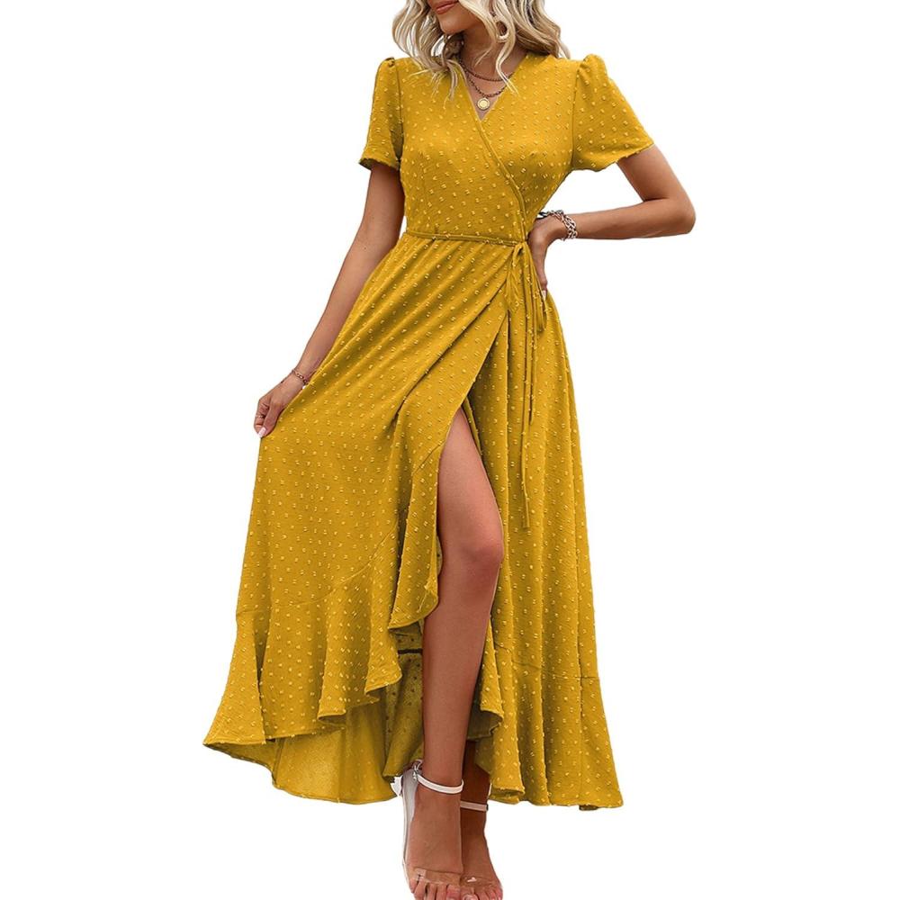 imagePRETTYGARDEN Womens Boho Floral Maxi Dress Summer Short Sleeve Wrap V Neck Long Flowy Beach Vacation Wedding Guest DressesZturmeric