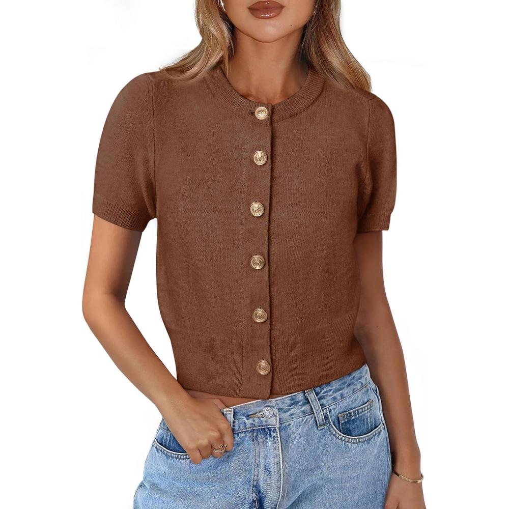 imagePRETTYGARDEN Womens Casual Summer Short Sleeve Cardigans 2025 Button Down Knitted Sweater Basic Crew Neck Crop TopsBrown