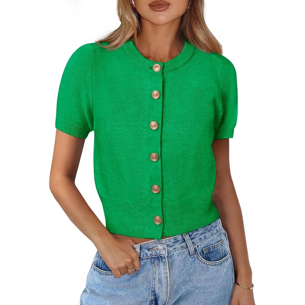 imagePRETTYGARDEN Womens Casual Summer Short Sleeve Cardigans 2025 Button Down Knitted Sweater Basic Crew Neck Crop TopsGreen
