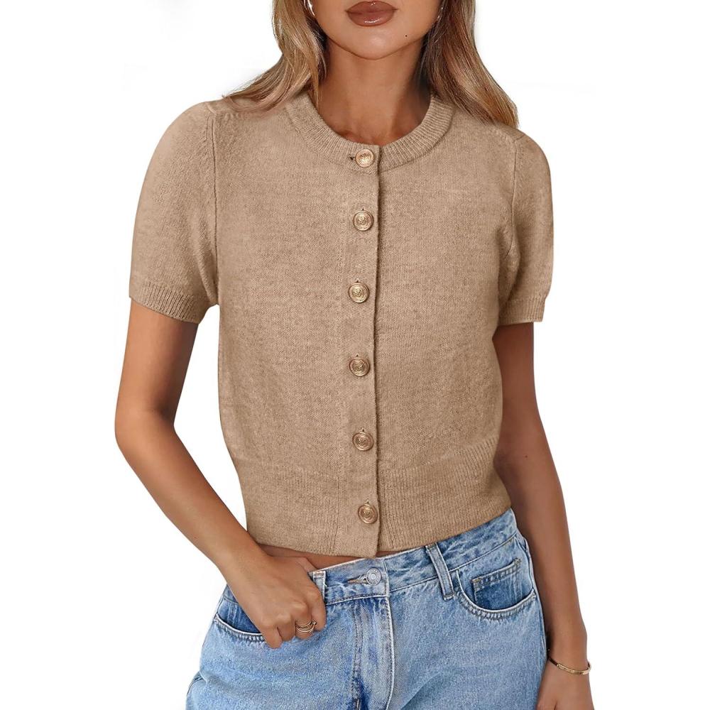 imagePRETTYGARDEN Womens Casual Summer Short Sleeve Cardigans 2025 Button Down Knitted Sweater Basic Crew Neck Crop TopsKhaki