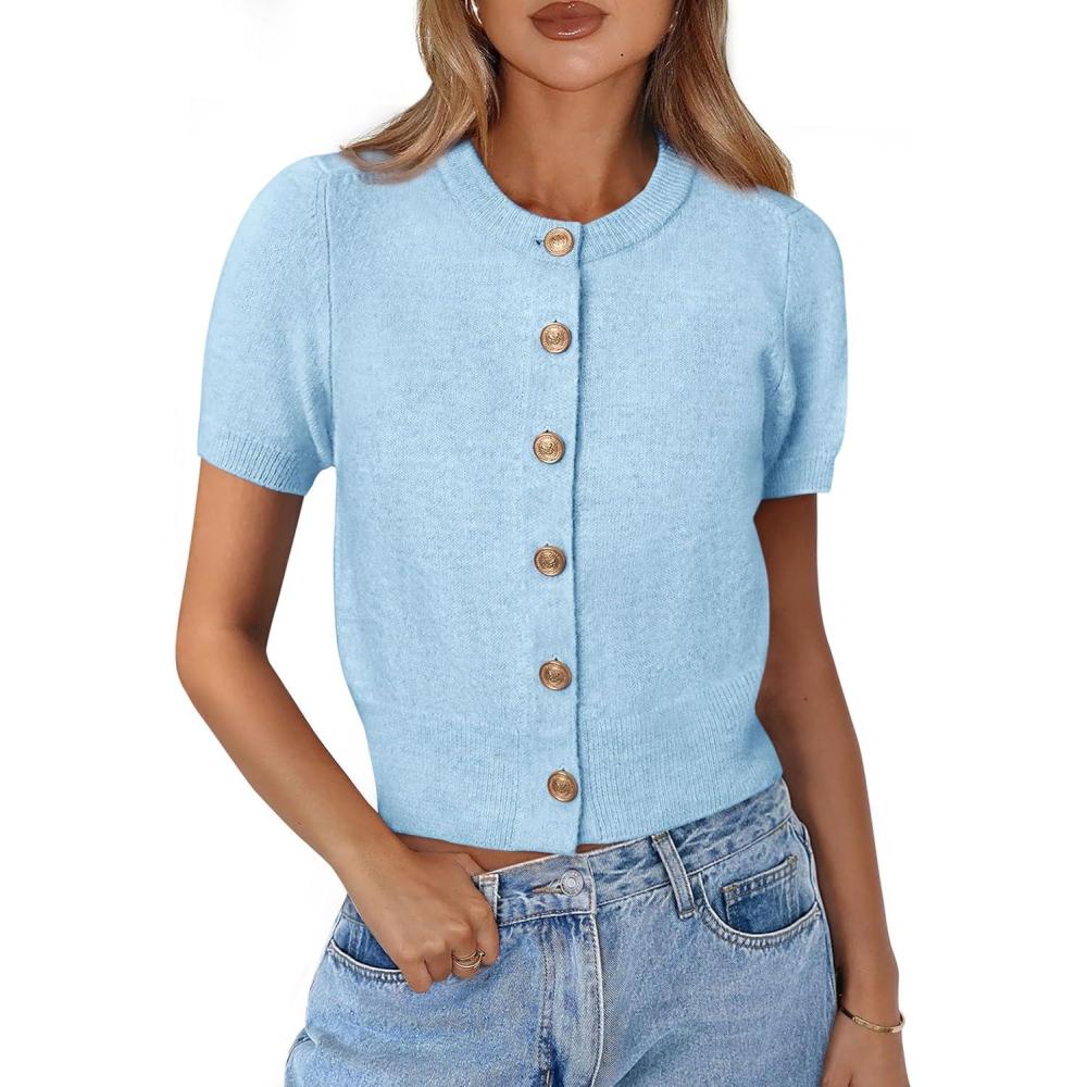 imagePRETTYGARDEN Womens Casual Summer Short Sleeve Cardigans 2025 Button Down Knitted Sweater Basic Crew Neck Crop TopsLight Blue