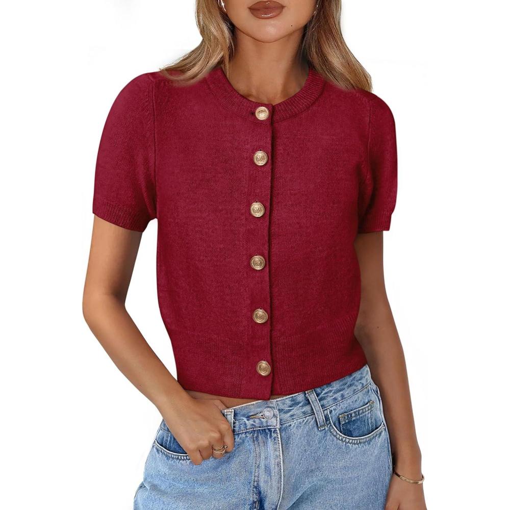 imagePRETTYGARDEN Womens Casual Summer Short Sleeve Cardigans 2025 Button Down Knitted Sweater Basic Crew Neck Crop TopsWine Red