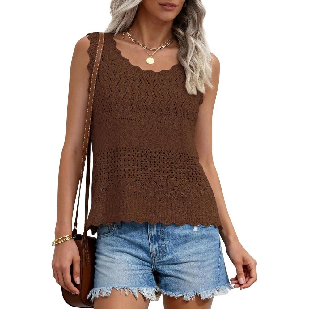 imagePRETTYGARDEN Womens Crochet Tank Tops 2026 Summer Spring Boho Sleeveless Cute Knit Sweater Vest Trendy Beach Vacation ClothesBrown