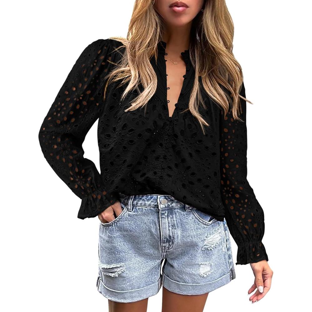 imagePRETTYGARDEN Womens Dressy Casual Blouse Tops Fall Spring Puff Long Sleeve Button V Neck Hollow Out Lace Embroidered ShirtsBlack