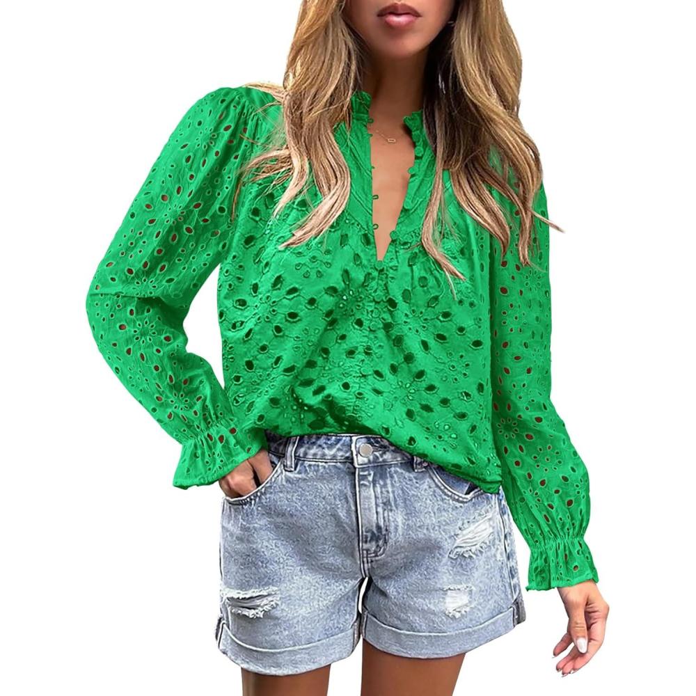imagePRETTYGARDEN Womens Dressy Casual Blouse Tops Fall Spring Puff Long Sleeve Button V Neck Hollow Out Lace Embroidered ShirtsGreen