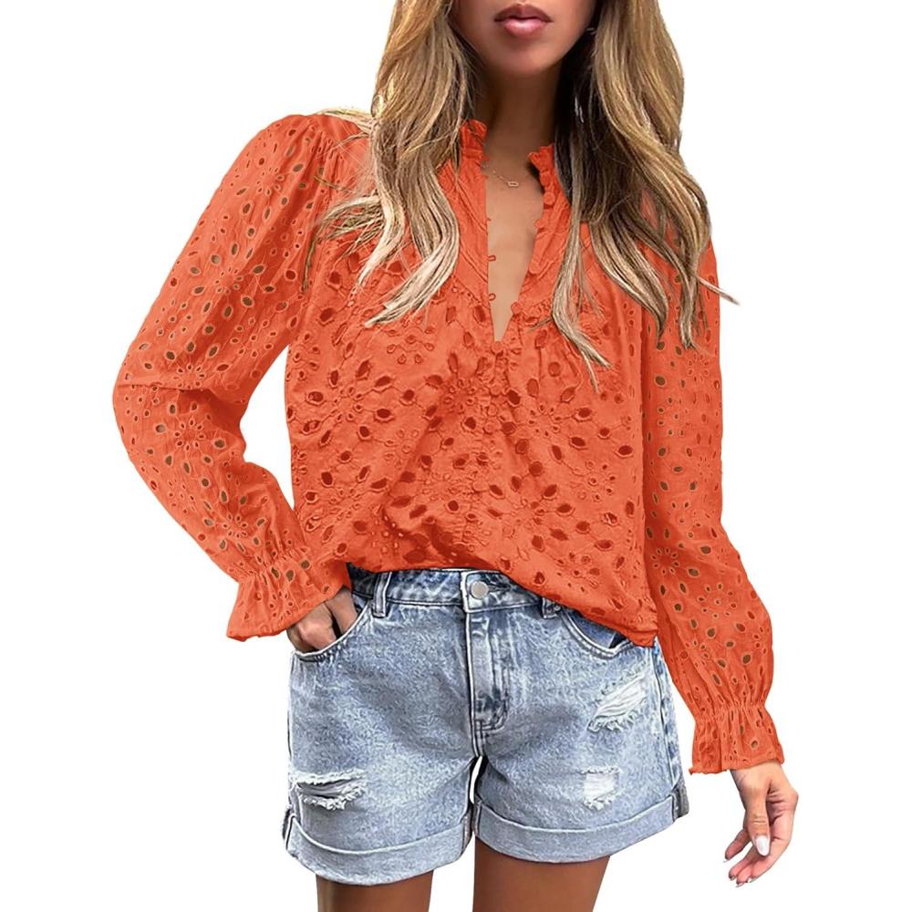 imagePRETTYGARDEN Womens Dressy Casual Blouse Tops Fall Spring Puff Long Sleeve Button V Neck Hollow Out Lace Embroidered ShirtsOrange