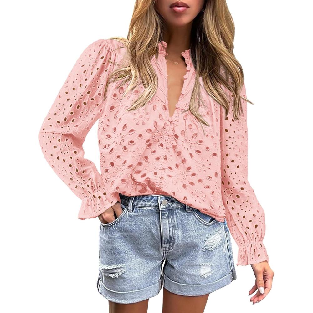 imagePRETTYGARDEN Womens Dressy Casual Blouse Tops Fall Spring Puff Long Sleeve Button V Neck Hollow Out Lace Embroidered ShirtsPink