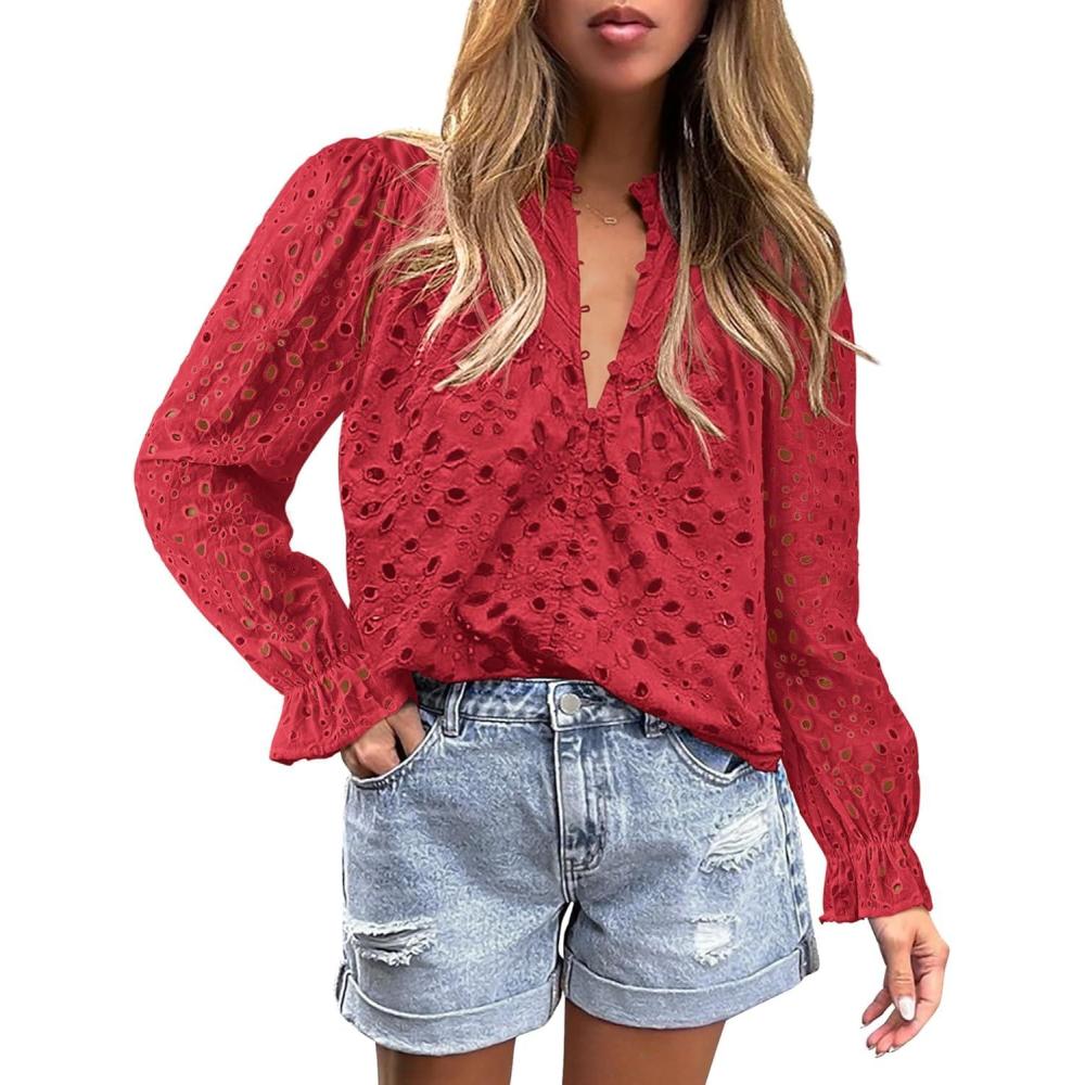 imagePRETTYGARDEN Womens Dressy Casual Blouse Tops Fall Spring Puff Long Sleeve Button V Neck Hollow Out Lace Embroidered ShirtsRed