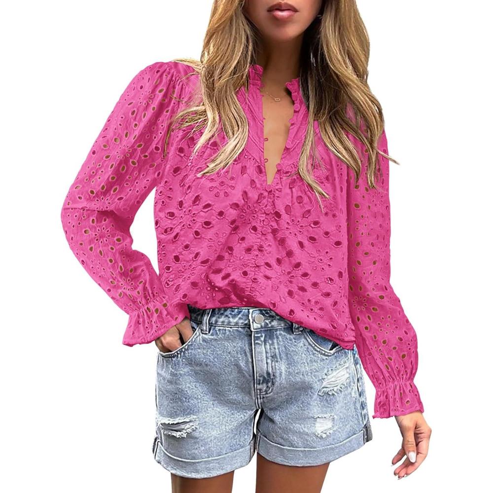 imagePRETTYGARDEN Womens Dressy Casual Blouse Tops Fall Spring Puff Long Sleeve Button V Neck Hollow Out Lace Embroidered ShirtsRose Red