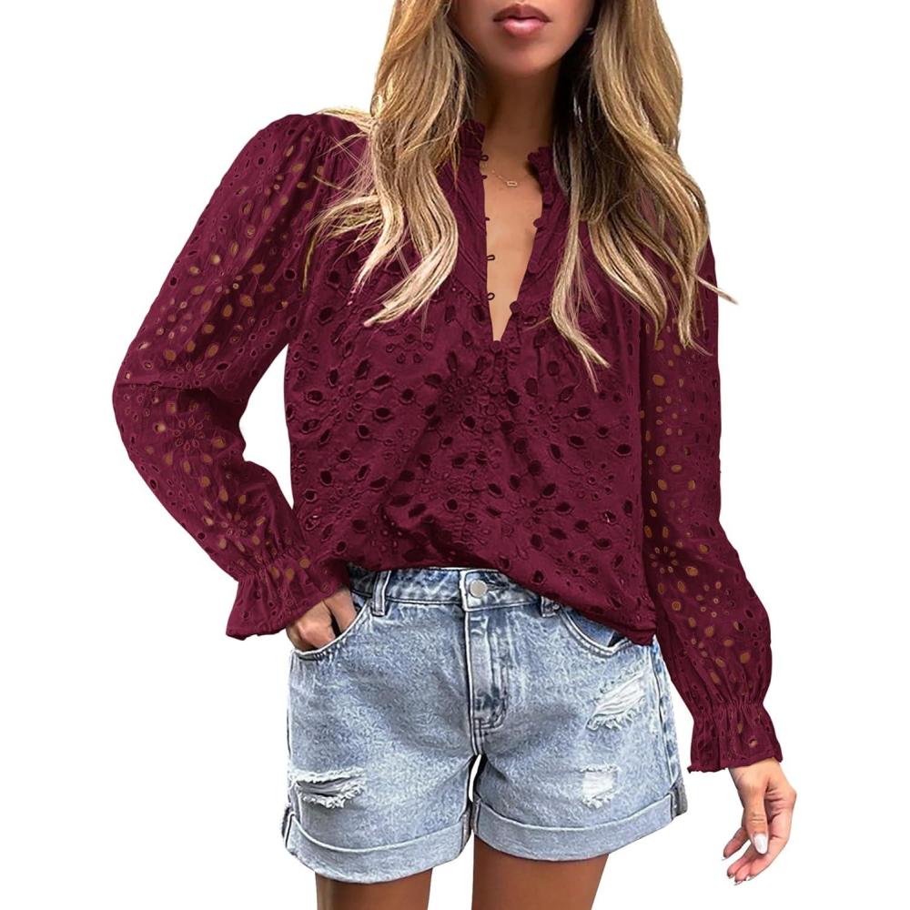 imagePRETTYGARDEN Womens Dressy Casual Blouse Tops Fall Spring Puff Long Sleeve Button V Neck Hollow Out Lace Embroidered ShirtsWine Red