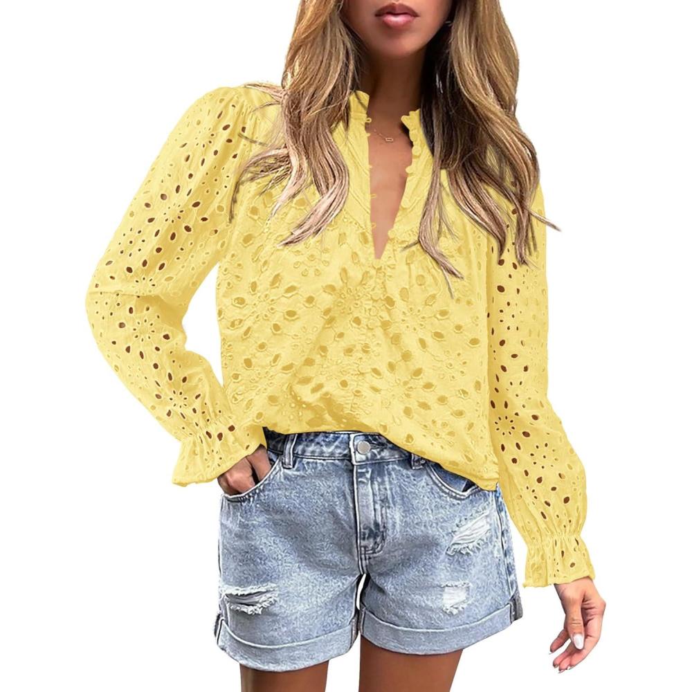 imagePRETTYGARDEN Womens Dressy Casual Blouse Tops Fall Spring Puff Long Sleeve Button V Neck Hollow Out Lace Embroidered ShirtsYellow