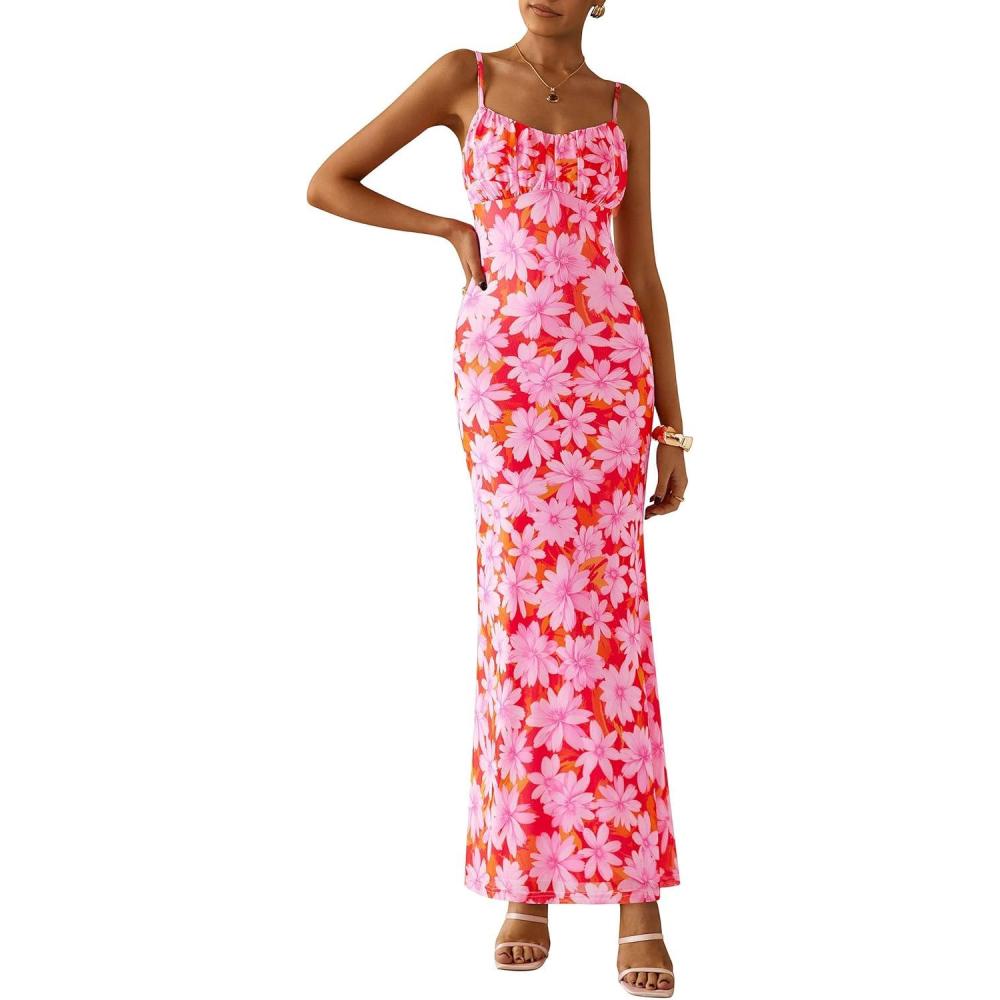 imagePRETTYGARDEN Womens Floral Bodycon Maxi Dress Summer Beach Sundress Sleeveless Spaghetti Strap Wedding Guest DressPink Daisy