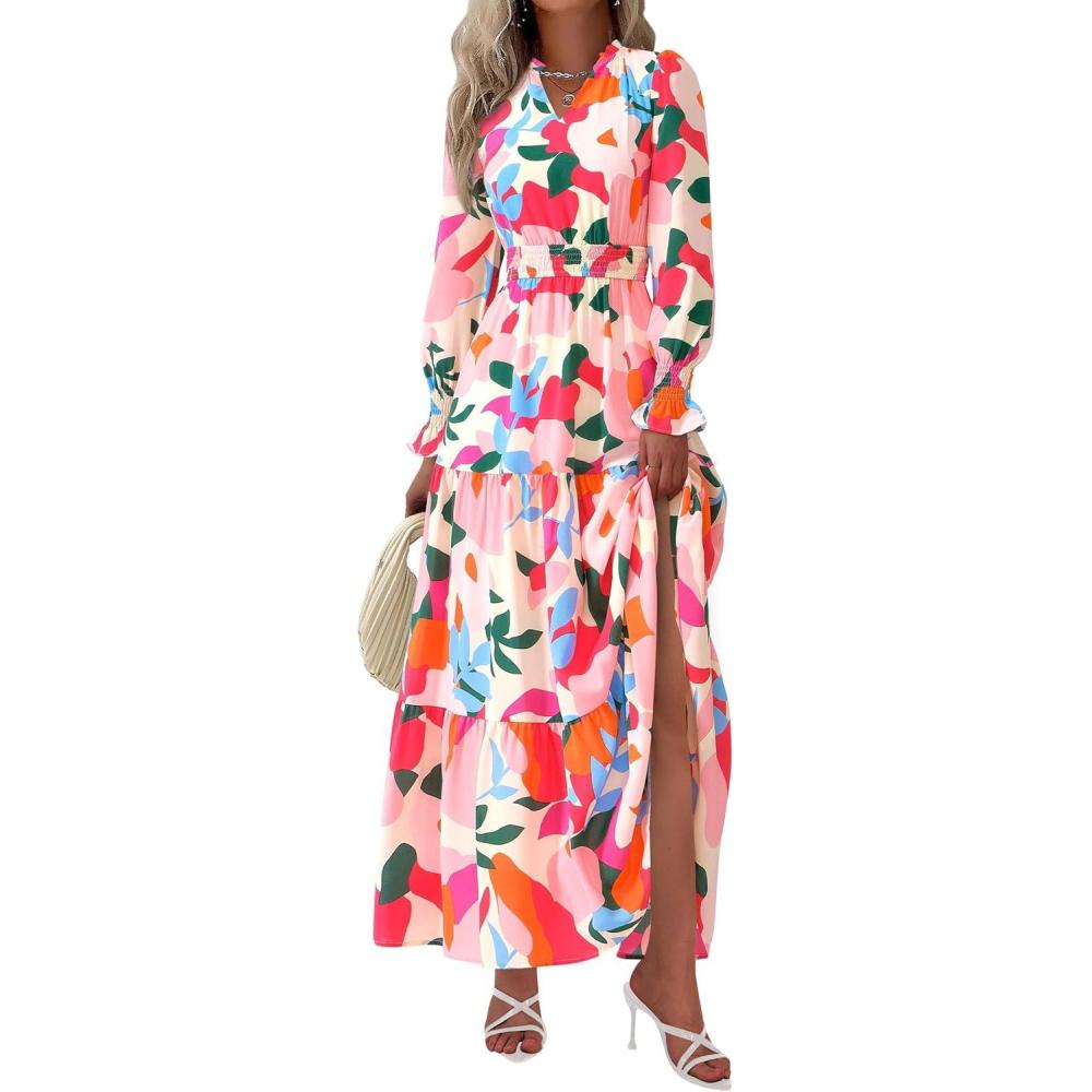 imagePRETTYGARDEN Womens Floral Maxi Dress 2026 Fall Long Sleeve V Neck A Line Long Flowy Spring Party Boho DressesFloral Apricot Rose Red