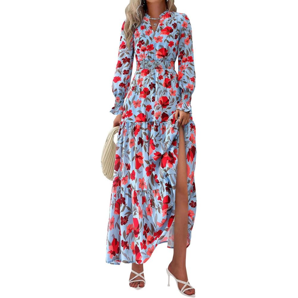 imagePRETTYGARDEN Womens Floral Maxi Dress 2026 Fall Long Sleeve V Neck A Line Long Flowy Spring Party Boho DressesFloral Blue Red
