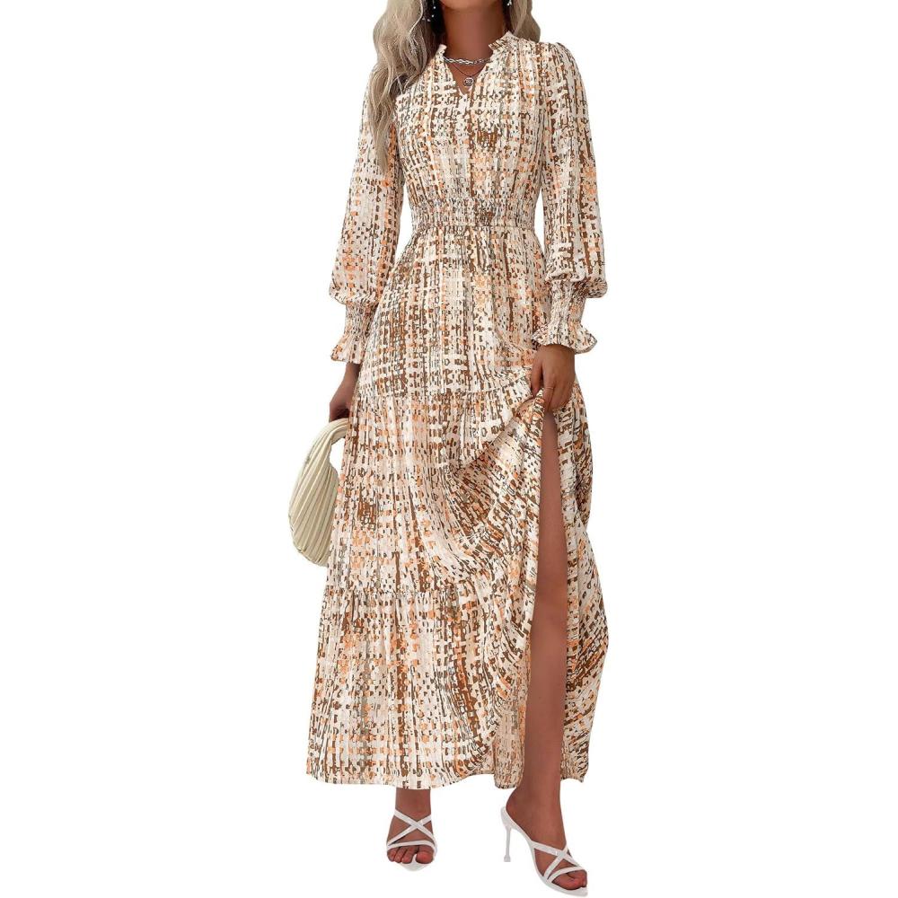 imagePRETTYGARDEN Womens Floral Maxi Dress 2026 Fall Long Sleeve V Neck A Line Long Flowy Spring Party Boho DressesFloral Khaki