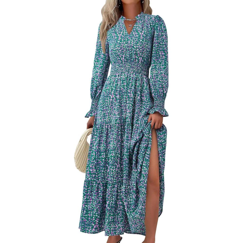 imagePRETTYGARDEN Womens Floral Maxi Dress 2026 Fall Long Sleeve V Neck A Line Long Flowy Spring Party Boho DressesFloral Purple Green