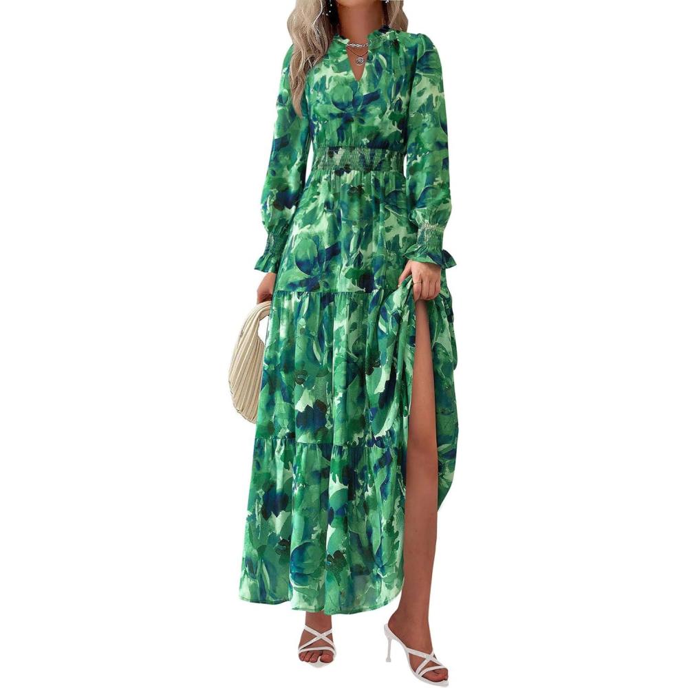 imagePRETTYGARDEN Womens Floral Maxi Dress 2026 Fall Long Sleeve V Neck A Line Long Flowy Spring Party Boho DressesGreen