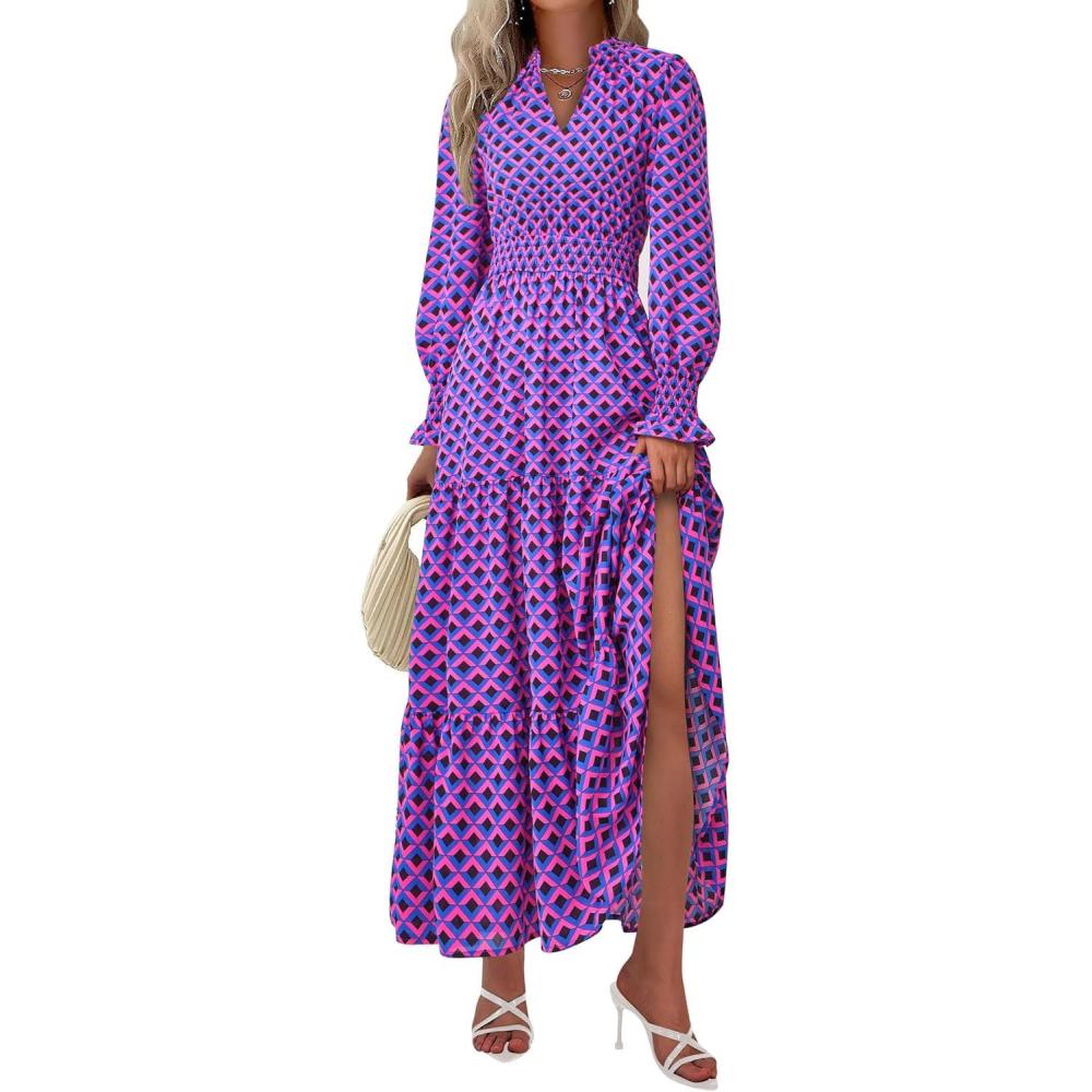 imagePRETTYGARDEN Womens Floral Maxi Dress 2026 Fall Long Sleeve V Neck A Line Long Flowy Spring Party Boho DressesPlaid Blue Pink