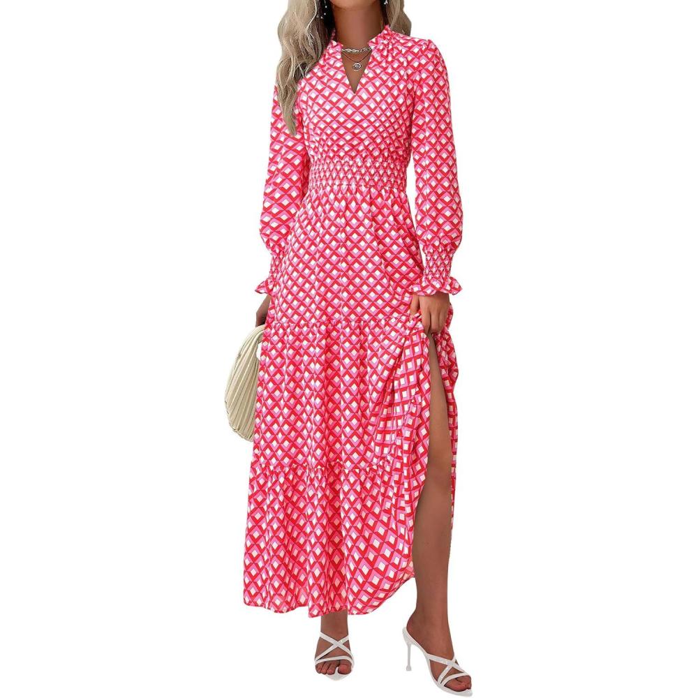 imagePRETTYGARDEN Womens Floral Maxi Dress 2026 Fall Long Sleeve V Neck A Line Long Flowy Spring Party Boho DressesPlaid Pink