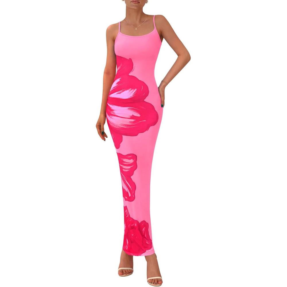 imagePRETTYGARDEN Womens Floral Maxi Dress Summer 2025 Sexy Spaghetti Strap Slip Bodycon Mesh Beach Vacation DressesPink Floral