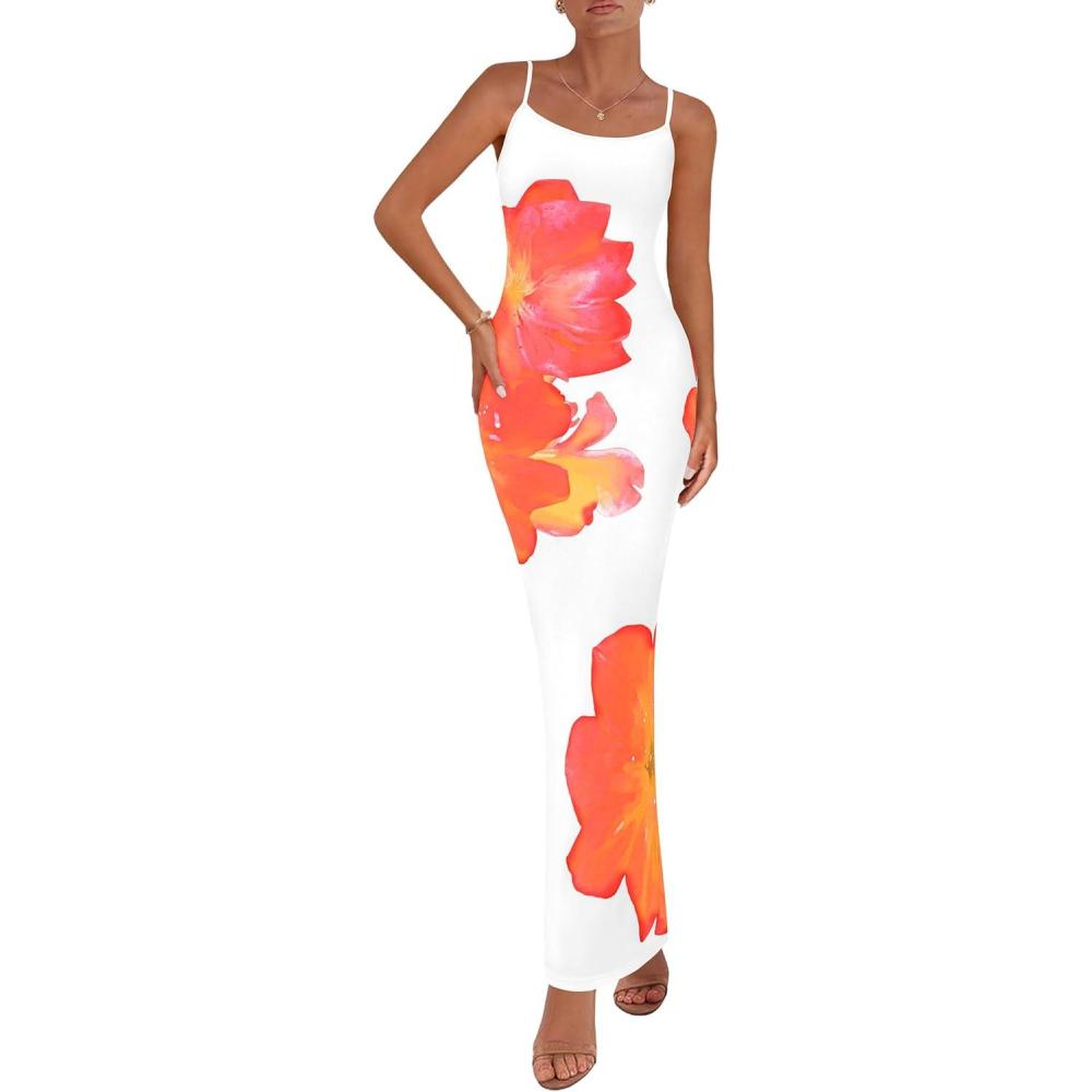 imagePRETTYGARDEN Womens Floral Maxi Dress Summer 2025 Sexy Spaghetti Strap Slip Bodycon Mesh Beach Vacation DressesWhite Orange Floral