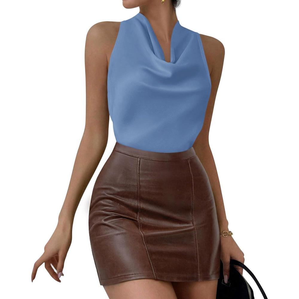 imagePRETTYGARDEN Womens Halter Going Out Tops Summer 2026 Cowl Neck Open Back Cami Sleeveless Tank Top Spring Vacation OutfitsBlue