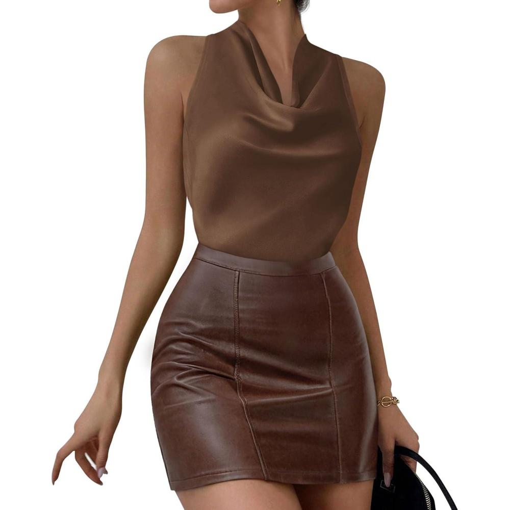 imagePRETTYGARDEN Womens Halter Going Out Tops Summer 2026 Cowl Neck Open Back Cami Sleeveless Tank Top Spring Vacation OutfitsBrown
