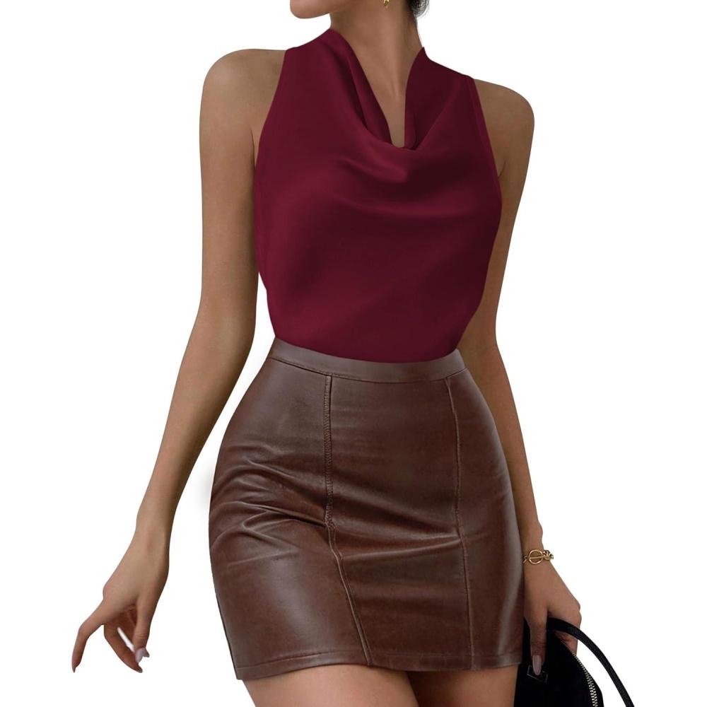 imagePRETTYGARDEN Womens Halter Going Out Tops Summer 2026 Cowl Neck Open Back Cami Sleeveless Tank Top Spring Vacation OutfitsWine Red