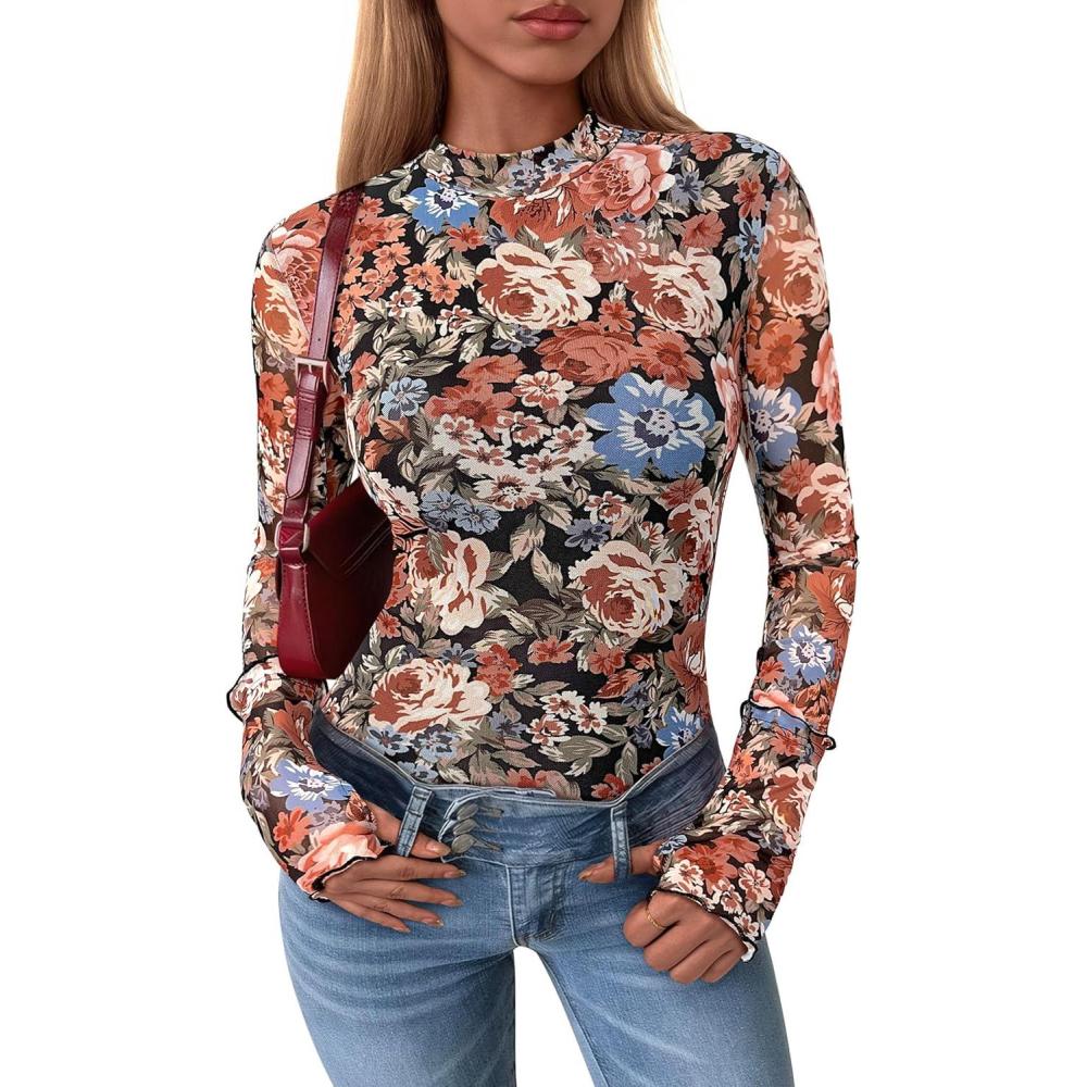 imagePRETTYGARDEN Womens Long Sleeve Going Out Tops 2026 Spring Y2K Clothes Mesh Floral Fitted Shirts Date Night Outfit