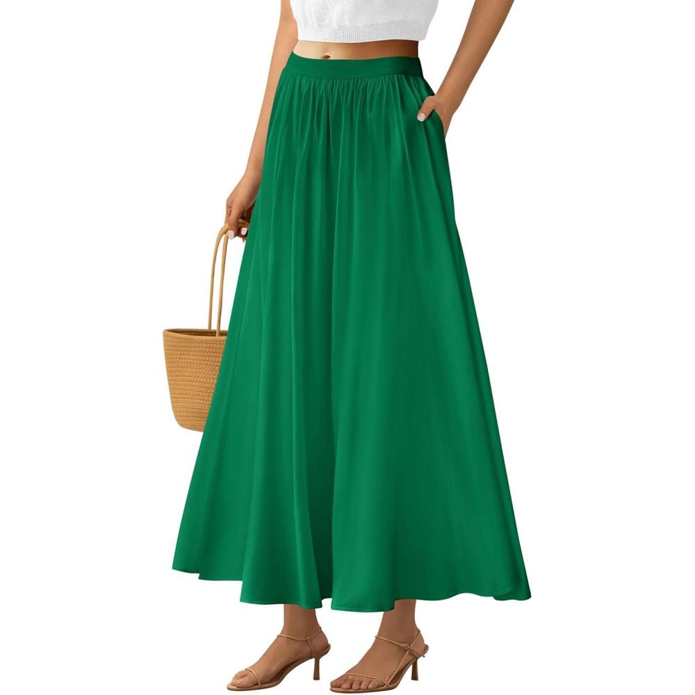 imagePRETTYGARDEN Womens Maxi Skirts 2025 Summer Trendy Ruffle High Waisted Casual Long Flowy Skirt with Pockets GreenLarge