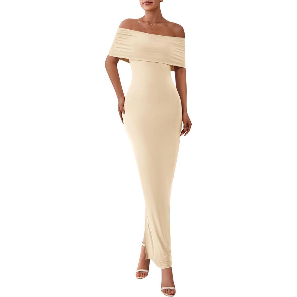 imagePRETTYGARDEN Womens Off The Shoulder Maxi Dresses 2025 Summer Formal Elegant Cocktail Party Wedding Guest Long DressApricot