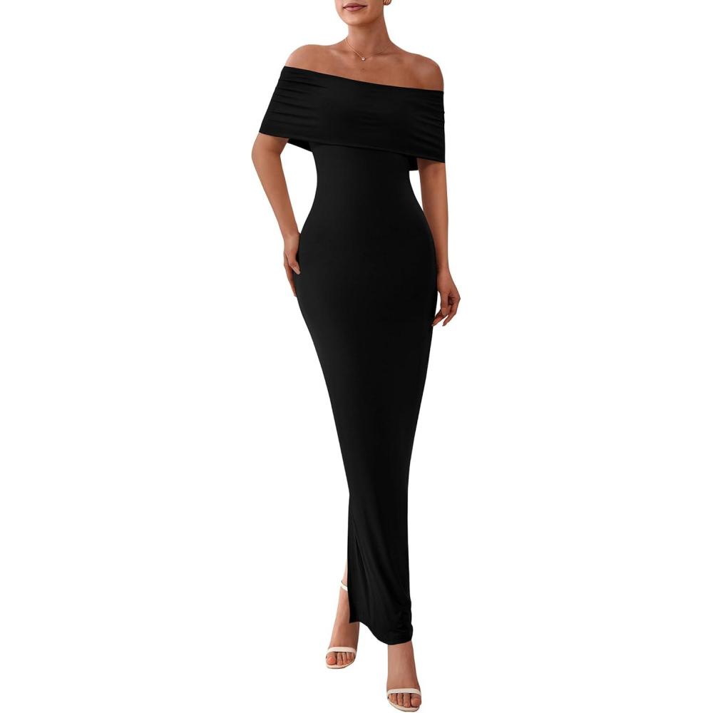 imagePRETTYGARDEN Womens Off The Shoulder Maxi Dresses 2025 Summer Formal Elegant Cocktail Party Wedding Guest Long DressBlack