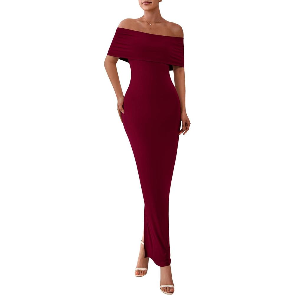 imagePRETTYGARDEN Womens Off The Shoulder Maxi Dresses 2025 Summer Formal Elegant Cocktail Party Wedding Guest Long DressWine Red